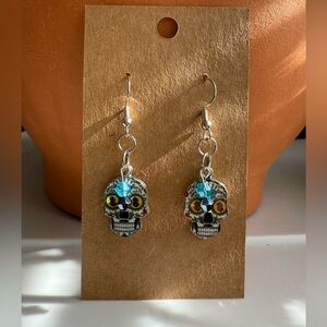 Handmade Silver Skull Earrings with Blue Accents